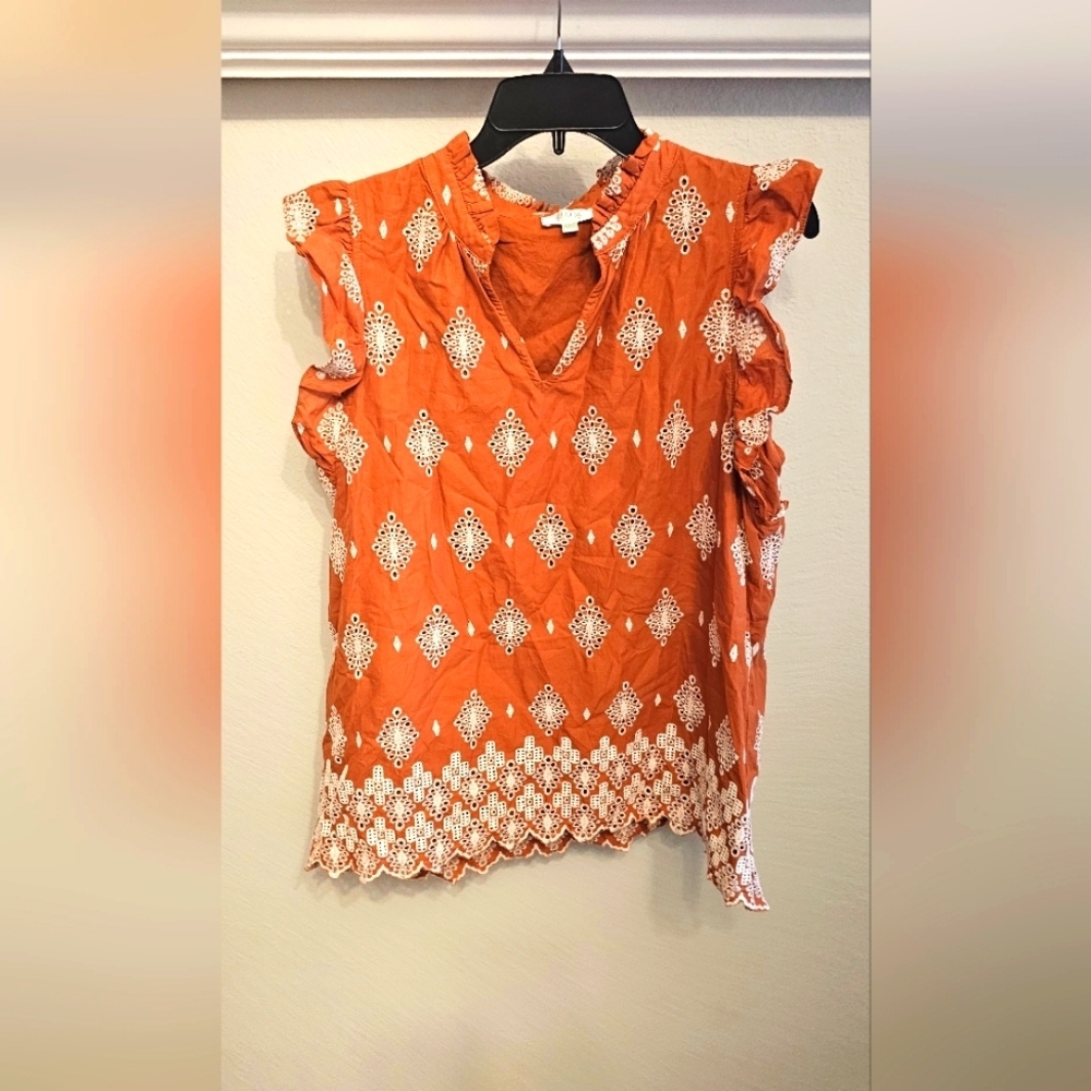 Jade Melody Tam Rust & White Eyelet Cap Sleeve Top Blouse Top Blouse sz XL